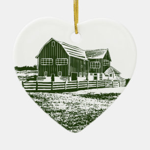 Countryside landscape woodcut style farm house ceramic ornament
