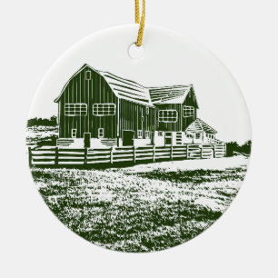 Countryside landscape woodcut style farm house ceramic ornament