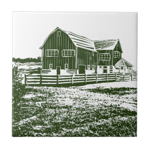 Countryside landscape woodcut style farm house ceramic tile