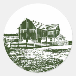 Countryside landscape woodcut style farm house classic round sticker