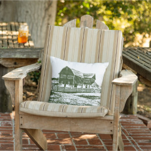 Countryside landscape woodcut style farm house cushion