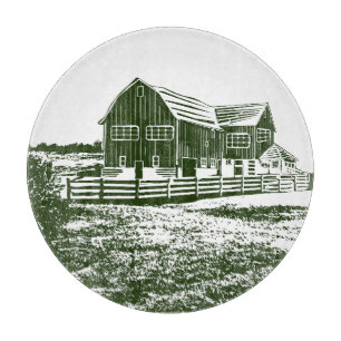 Countryside landscape woodcut style farm house cutting board