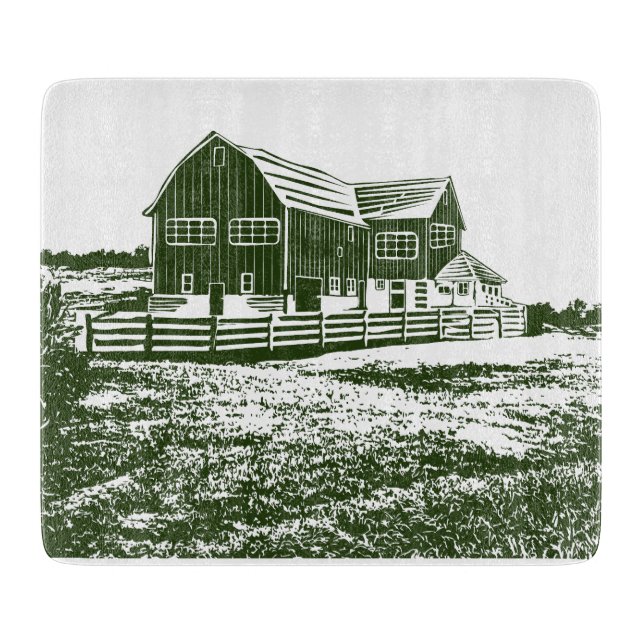 Countryside landscape woodcut style farm house cutting board (Front)