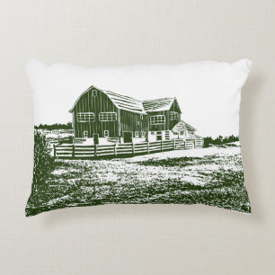 Countryside landscape woodcut style farm house decorative cushion