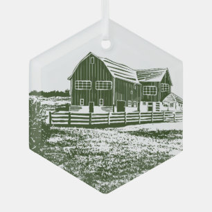 Countryside landscape woodcut style farm house glass tree decoration