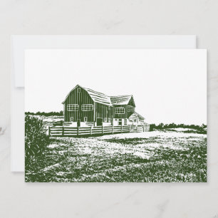 Countryside landscape woodcut style farm house holiday card