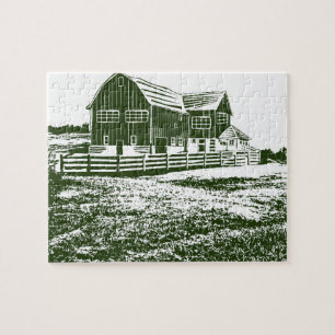 Countryside landscape woodcut style farm house jigsaw puzzle