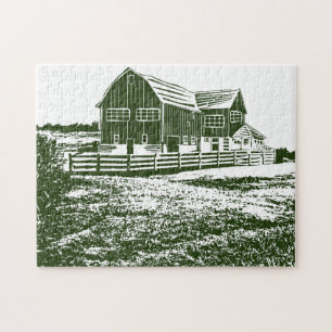 Countryside landscape woodcut style farm house jigsaw puzzle