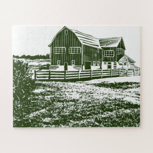 Countryside landscape woodcut style farm house jigsaw puzzle