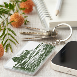 Countryside landscape woodcut style farm house key ring