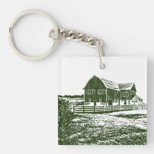 Countryside landscape woodcut style farm house key ring