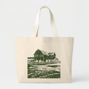 Countryside landscape woodcut style farm house large tote bag