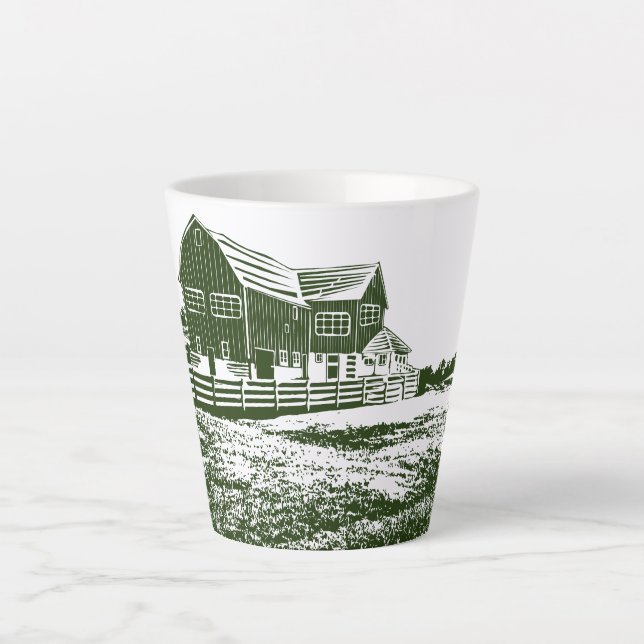 Countryside landscape woodcut style farm house latte mug (Front)