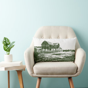 Countryside landscape woodcut style farm house lumbar cushion