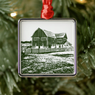 Countryside landscape woodcut style farm house metal ornament