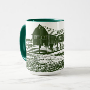 Countryside landscape woodcut style farm house mug