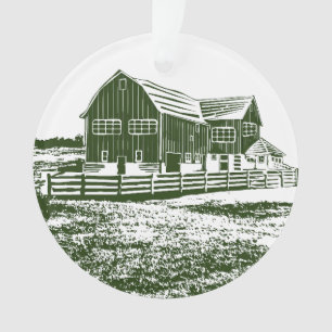 Countryside landscape woodcut style farm house ornament