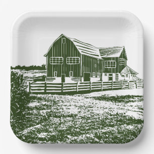 Countryside landscape woodcut style farm house paper plate
