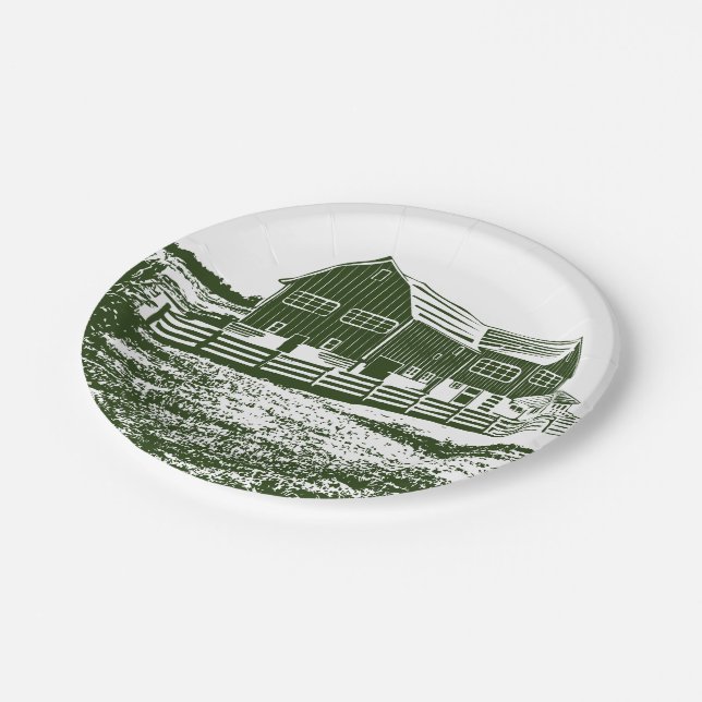 Countryside landscape woodcut style farm house paper plate (Angled)