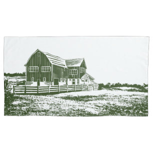 Countryside landscape woodcut style farm house pillowcase