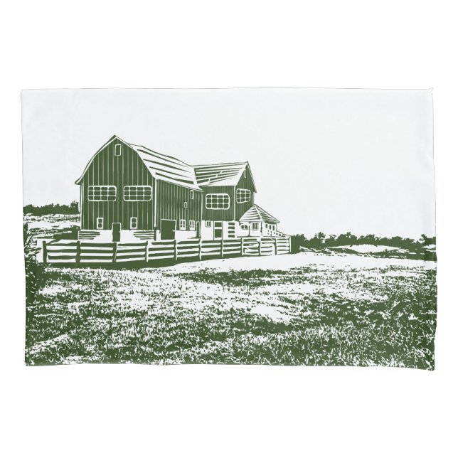 Countryside landscape woodcut style farm house pillowcase (Front)