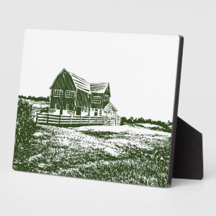 Countryside landscape woodcut style farm house plaque