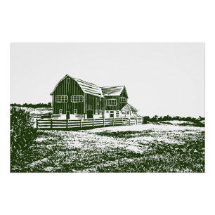 Countryside landscape woodcut style farm house poster
