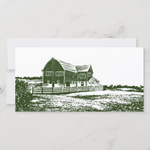 Countryside landscape woodcut style farm house save the date