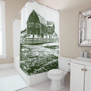 Countryside landscape woodcut style farm house shower curtain