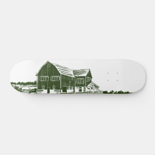 Countryside landscape woodcut style farm house skateboard