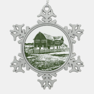 Countryside landscape woodcut style farm house snowflake pewter christmas ornament