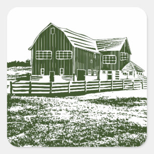 Countryside landscape woodcut style farm house square sticker