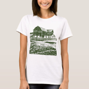 Countryside landscape woodcut style farm house T-Shirt
