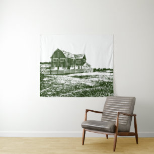 Countryside landscape woodcut style farm house tapestry
