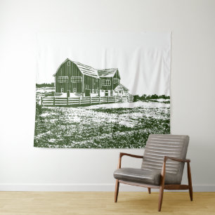 Countryside landscape woodcut style farm house tapestry