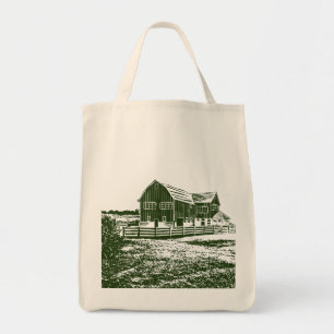 Countryside landscape woodcut style farm house tote bag