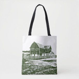 Countryside landscape woodcut style farm house tote bag