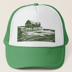 Countryside landscape woodcut style farm house trucker hat