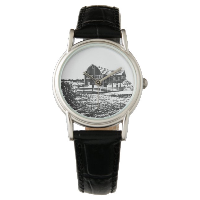 Countryside landscape woodcut style farm house watch (Front)