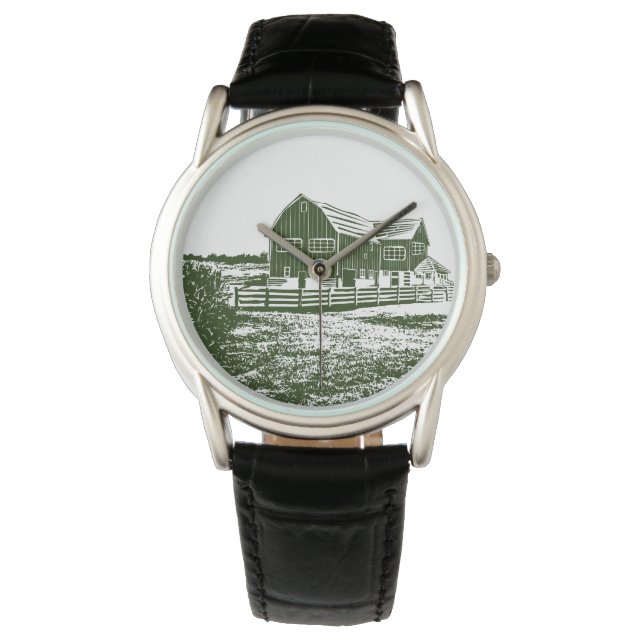 Countryside landscape woodcut style farm house watch (Front)