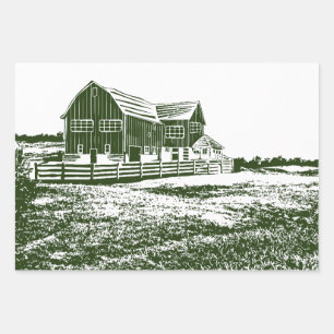 Countryside landscape woodcut style farm house wrapping paper sheet