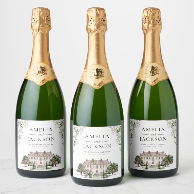 Countryside Manor Wedding Sparkling Wine Label (Bottles)