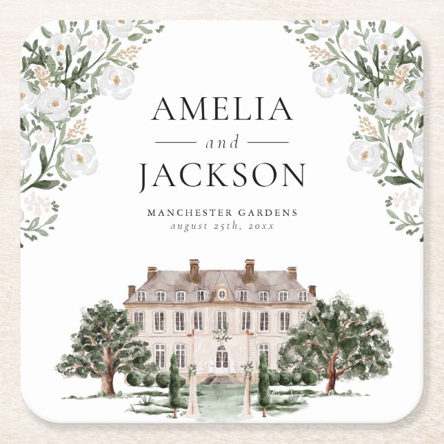 Countryside Manor Wedding Square Paper Coaster (Front)