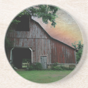 countryside sunset farm landscape old red barn coaster