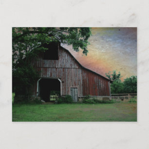 countryside sunset farm landscape old red barn postcard