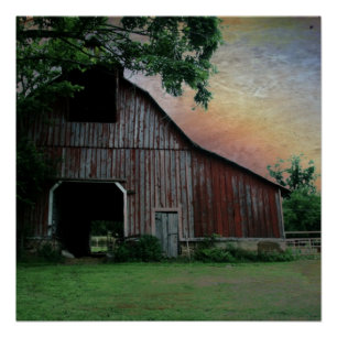 countryside sunset farm landscape old red barn poster