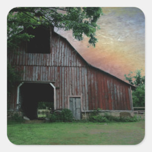 countryside sunset farm landscape old red barn square sticker