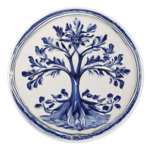 Countryside Tree Rustic Country Blue and White Ceramic Knob