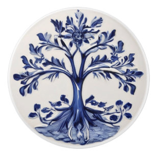 Countryside Tree Rustic Country Blue and White Ceramic Knob