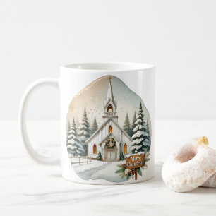 Countryside White Chapel   Night Christmas Scene Coffee Mug